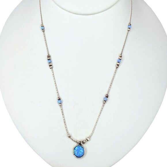 925 Sterling Silver Blue Fire Opal Pendant Necklace 19" Dainty Artisan Israeli - Picture 2 of 13